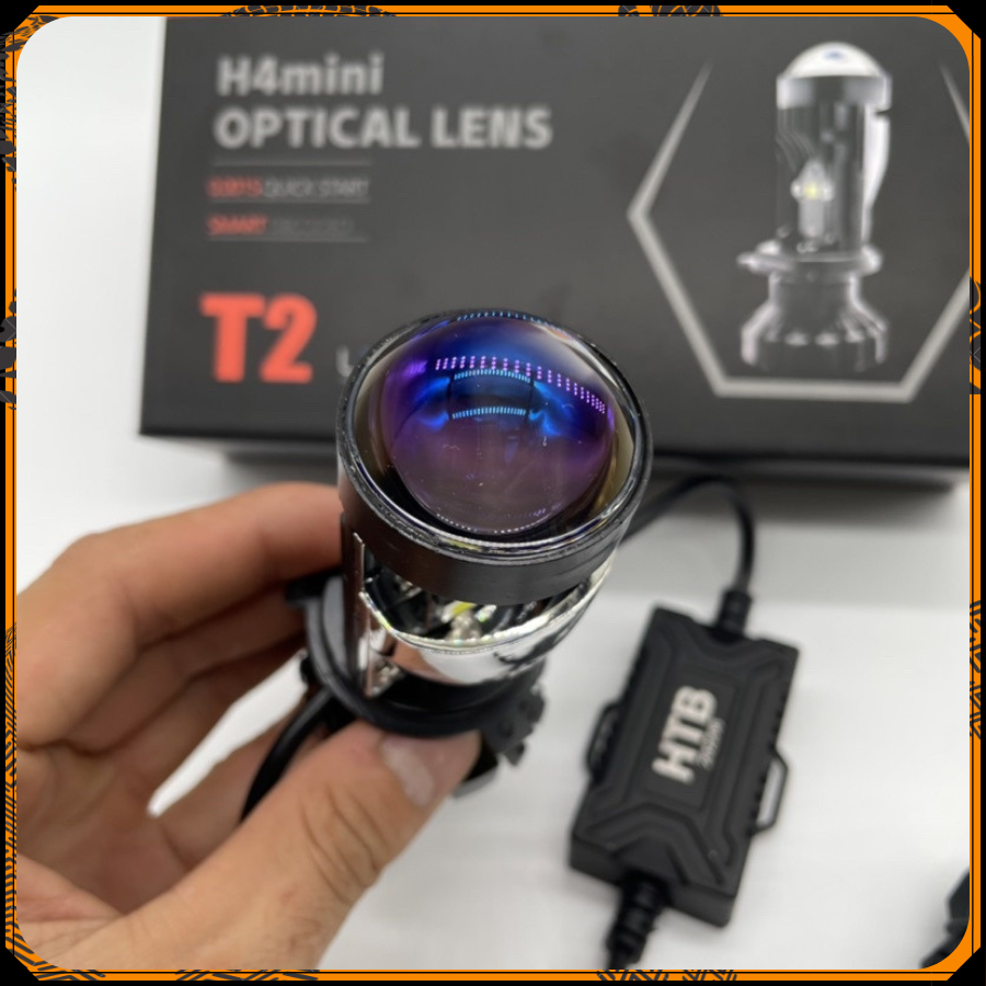 Đèn pha led bi cầu T2 pro mới nhất kính ánh tím lắp ô tô xe máy công suất 50W, Siêu Sáng Nhiệt màu 6000K Trắng chân H4. ông trùm phân khúc bóng led bi cầu mini