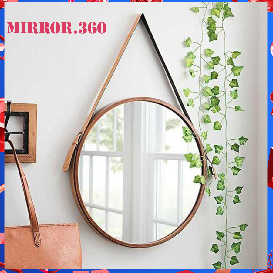(Size 50cm) Gương Tròn Treo Tường Viền Da Simili (Màu Vàng Bò)