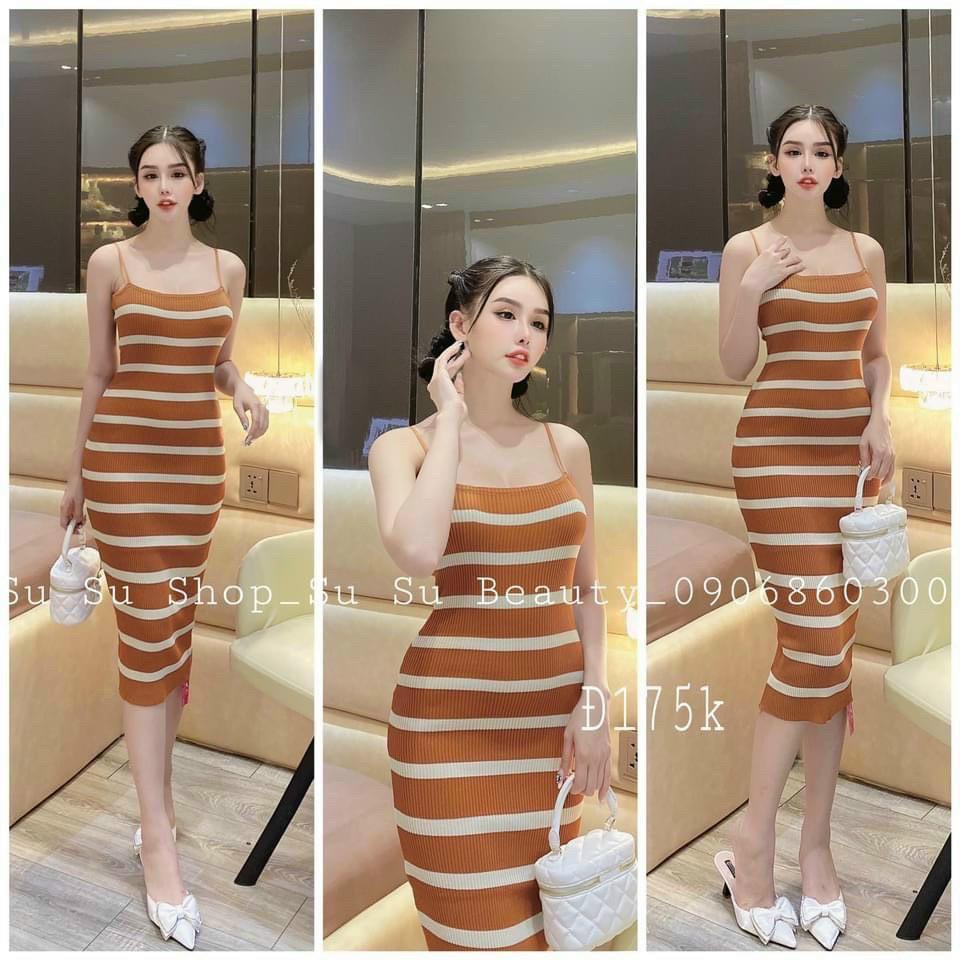 Đầm hai dây thun gân sọc ngang dáng suông sanh chảnh ttsla0978