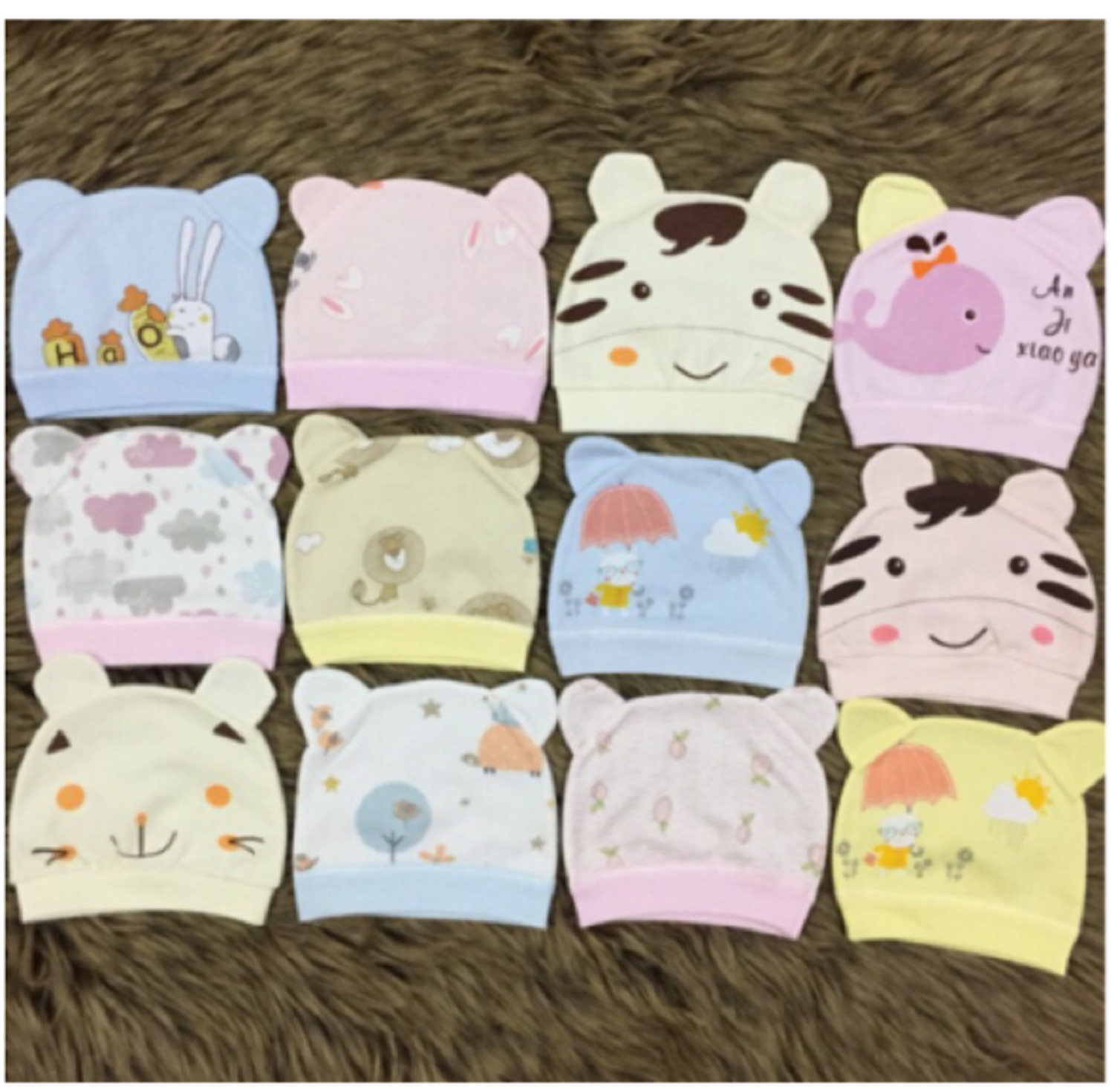 Set 3 Mũ sơ sinh cho bé 0-6 tháng tuổi, nón sơ sinh có tai thỏ họa tiết đáng yêu