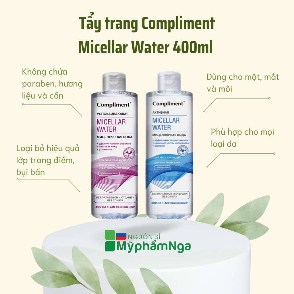 Tẩy trang Compliment Micellar water 400ml tẩy trang mặt mắt môi, sử dụng được cho cả da nhạy cảm