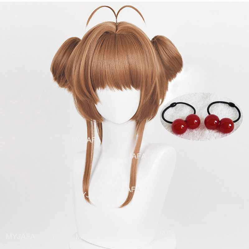 Anime Card captors Sakura cosplay Tóc Giả Sakura KINOMOTO tóc giả tóc tổng hợp chịu nhiệt Halloween bên Tóc Giả wigcap hairband