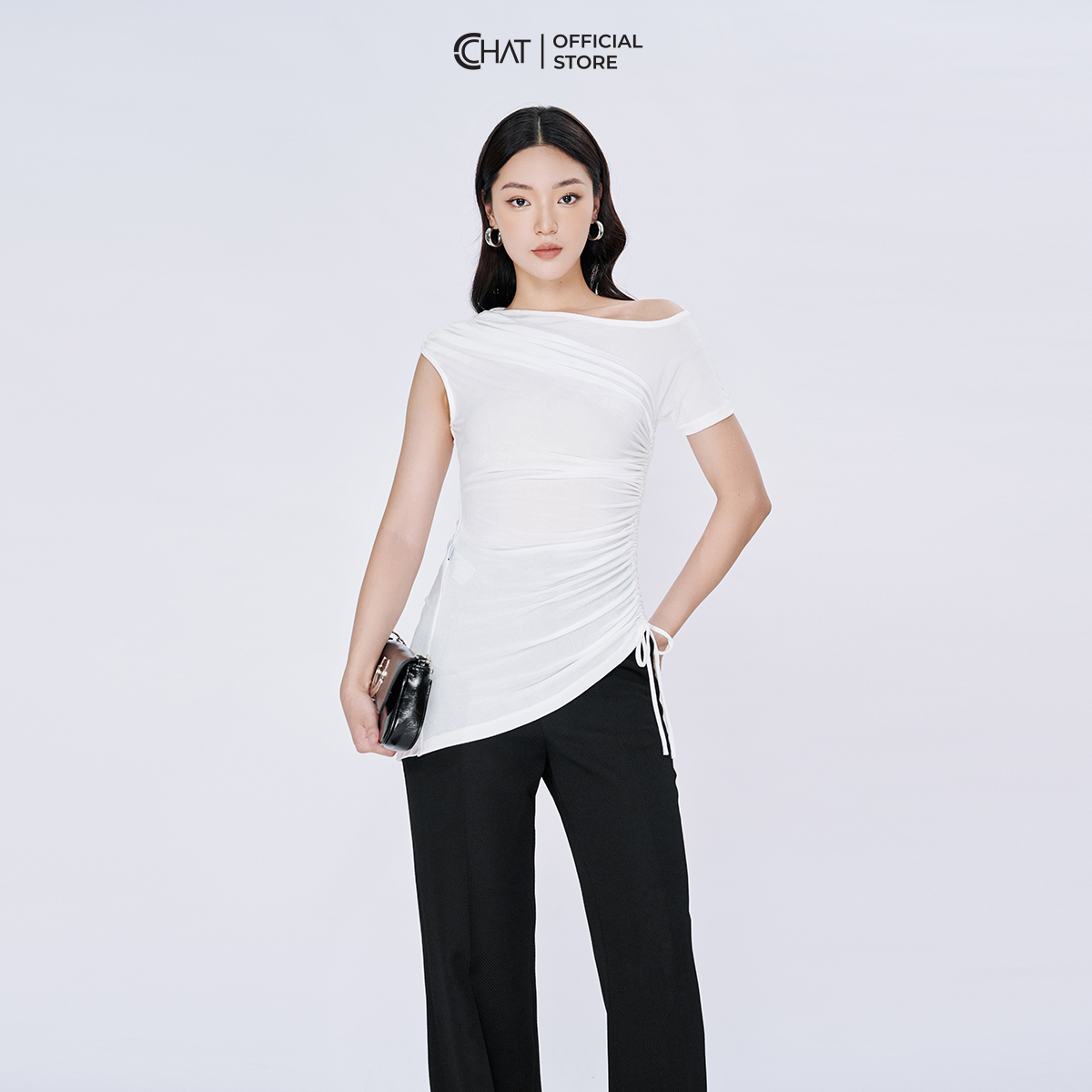 Áo thun nữ cchat rúm lệch vai rút chất thun cao cấp 53tnc2033ot