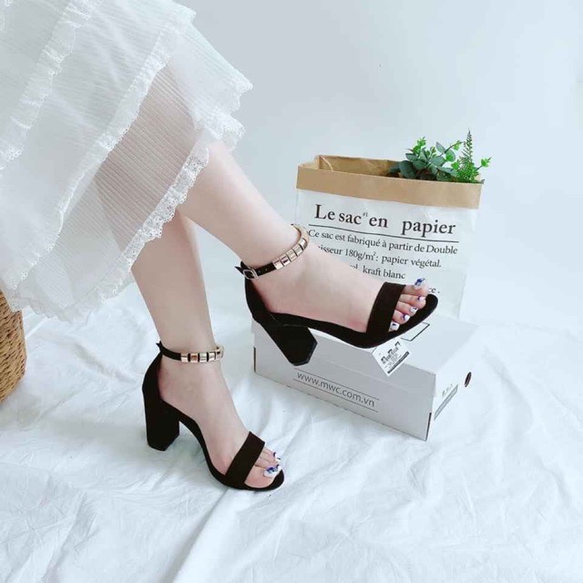 Giày sandal nữ cao gót vuông 7p bản ngang vòng cổ hột vuông - SD69 kèm ảnh thật