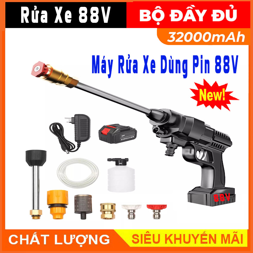 Máy rửa xe 88V - máy rửa xe pin- máy rửa xe mini dể dàng mang đi - máy xịt rửa xe máy tiết kiệm điện tặng đầy đủ phụ kiện bảo hành 12 tháng
