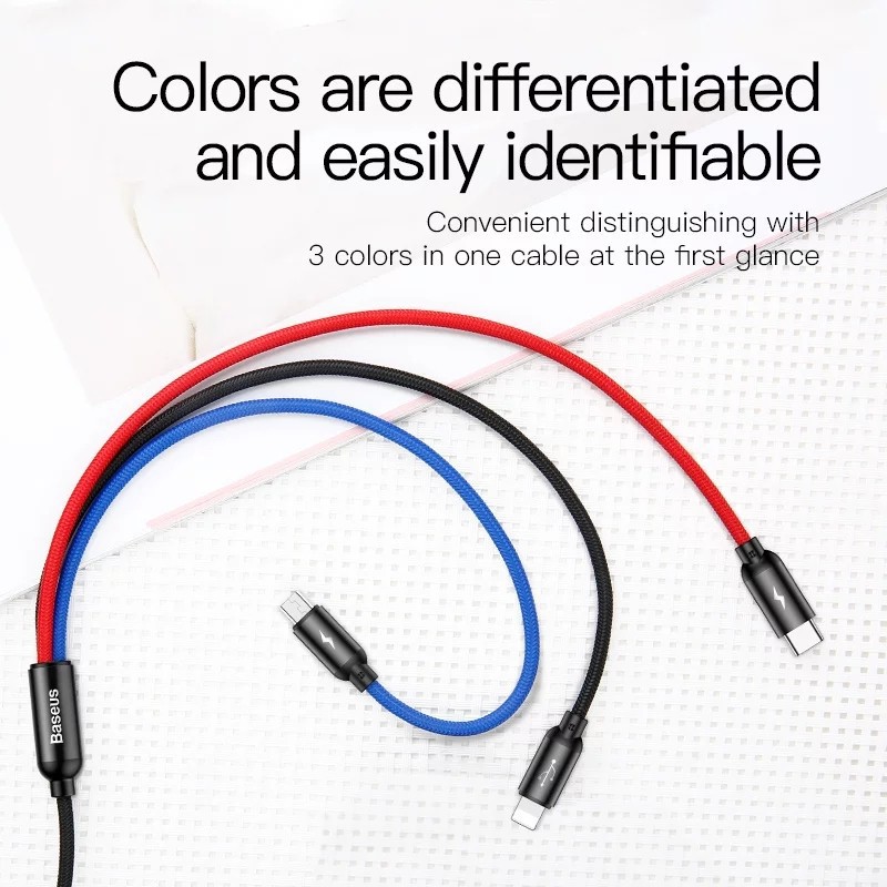 Cáp sạc 3 trong 1 Baseus  (3 cổng sạc Lightning, Micro USB và Type-C). Hỗ trợ sạc nhanh 3.5A