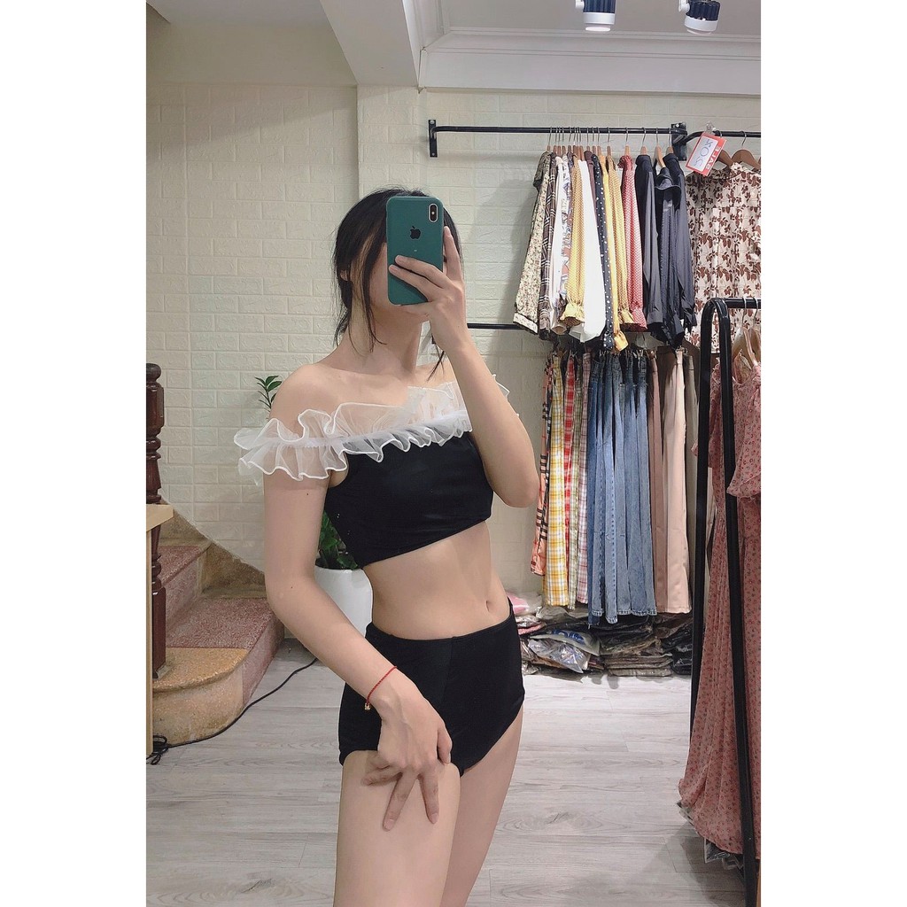 [HCM]Bikini 2 mảnh phối lưới trắng trễ vai (màu đen) EVA 2MCC