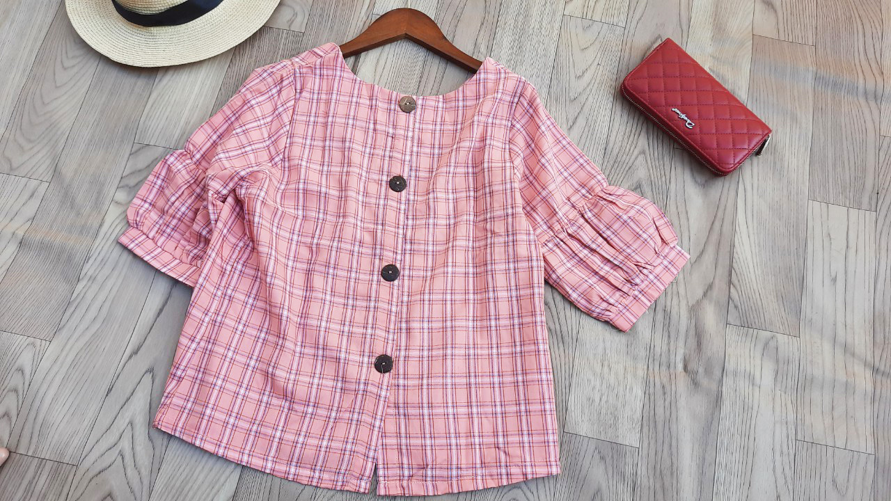 Áo sơ mi công sở nữ linen cổ tròn tay phồng