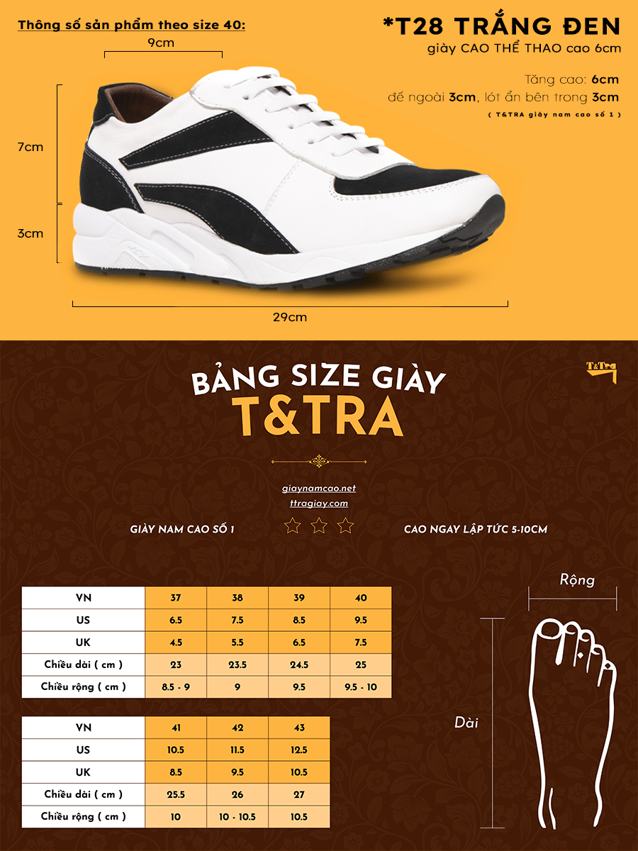 Giày Cao Nam T&TRA T28 Trắng Đen cao 6CM