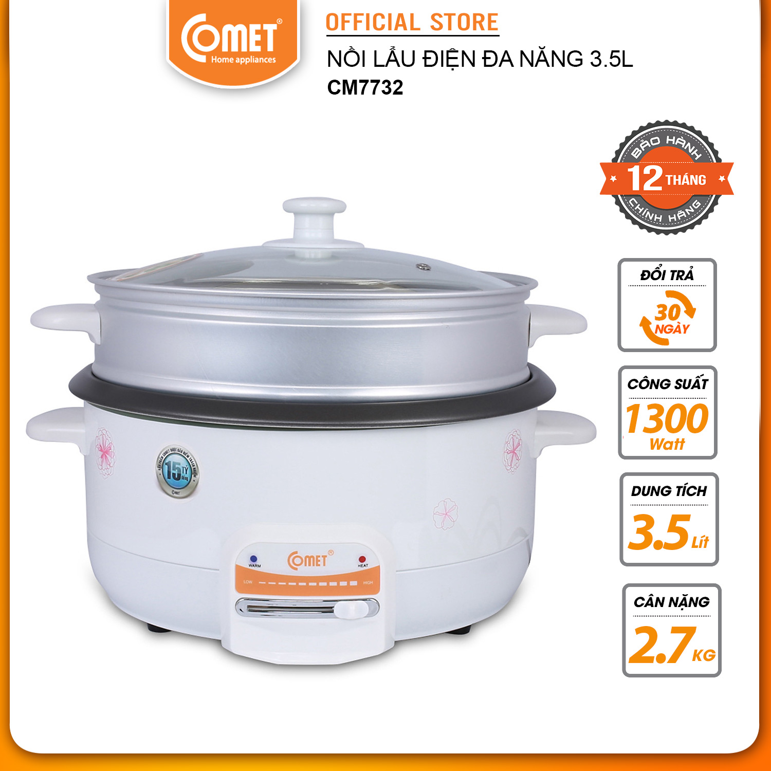 Nồi lẩu điện đa năng COMET CM7732 - Tặng Kèm Xửng Hấp - Dung tích 3.5L - Hàng Chính Hãng - BH 1&1