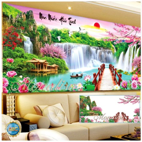 Tranh Đính Đá PHONG CẢNH NON NƯỚC HỮU TÌNH. Kích Thước: 1m2 x 55cm - 1m6 x 75cm - 2m x 90cm