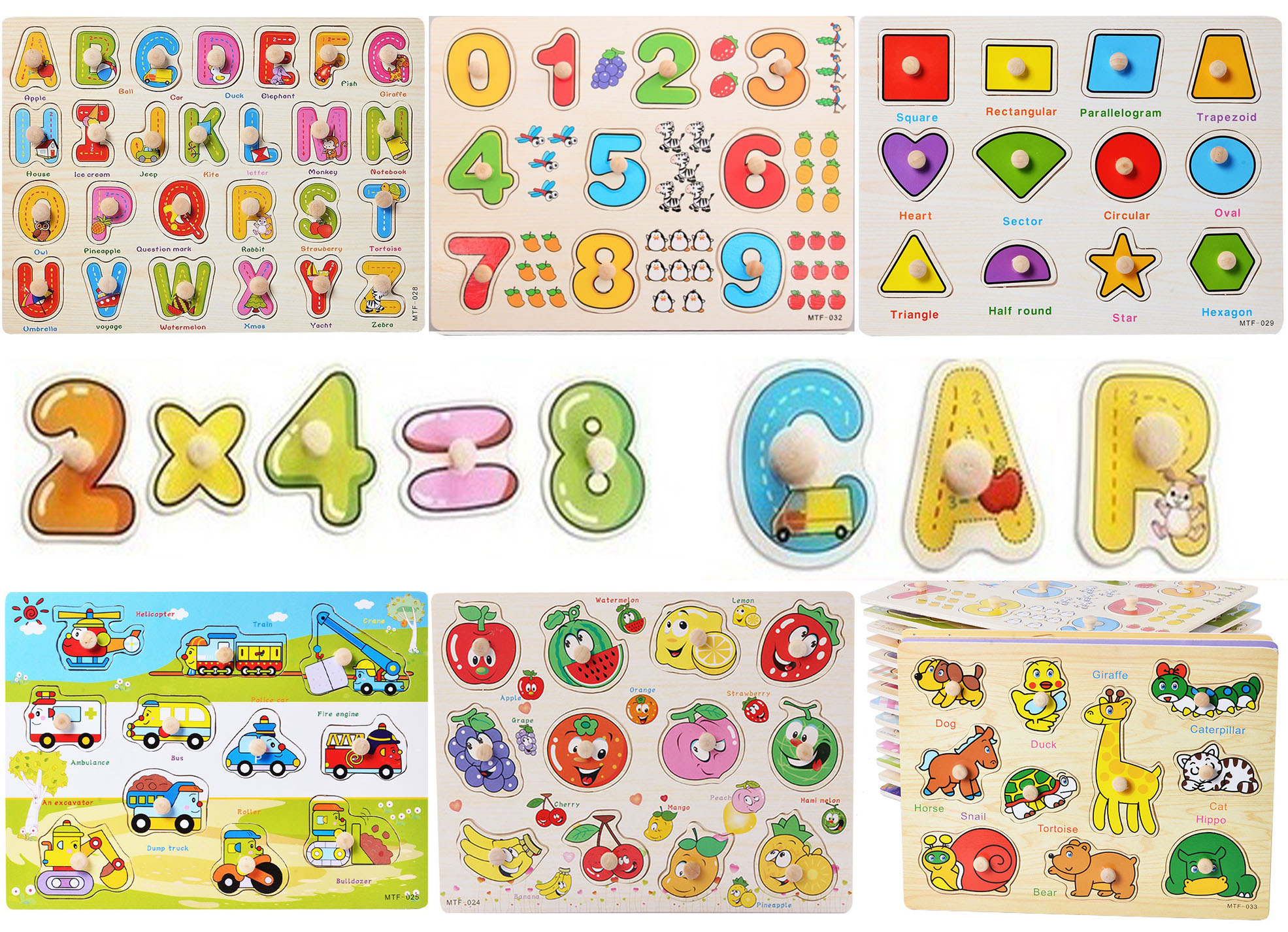 Combo 4 Bảng Ghép Hình Núm Gỗ (Rau Củ, Hoa Quả, Chữ, Số)
