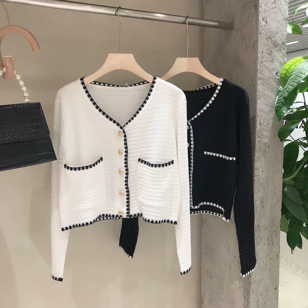 Áo kiểu cổ tim croptop tay dài viền cổ viền túi cổ điển hai màu