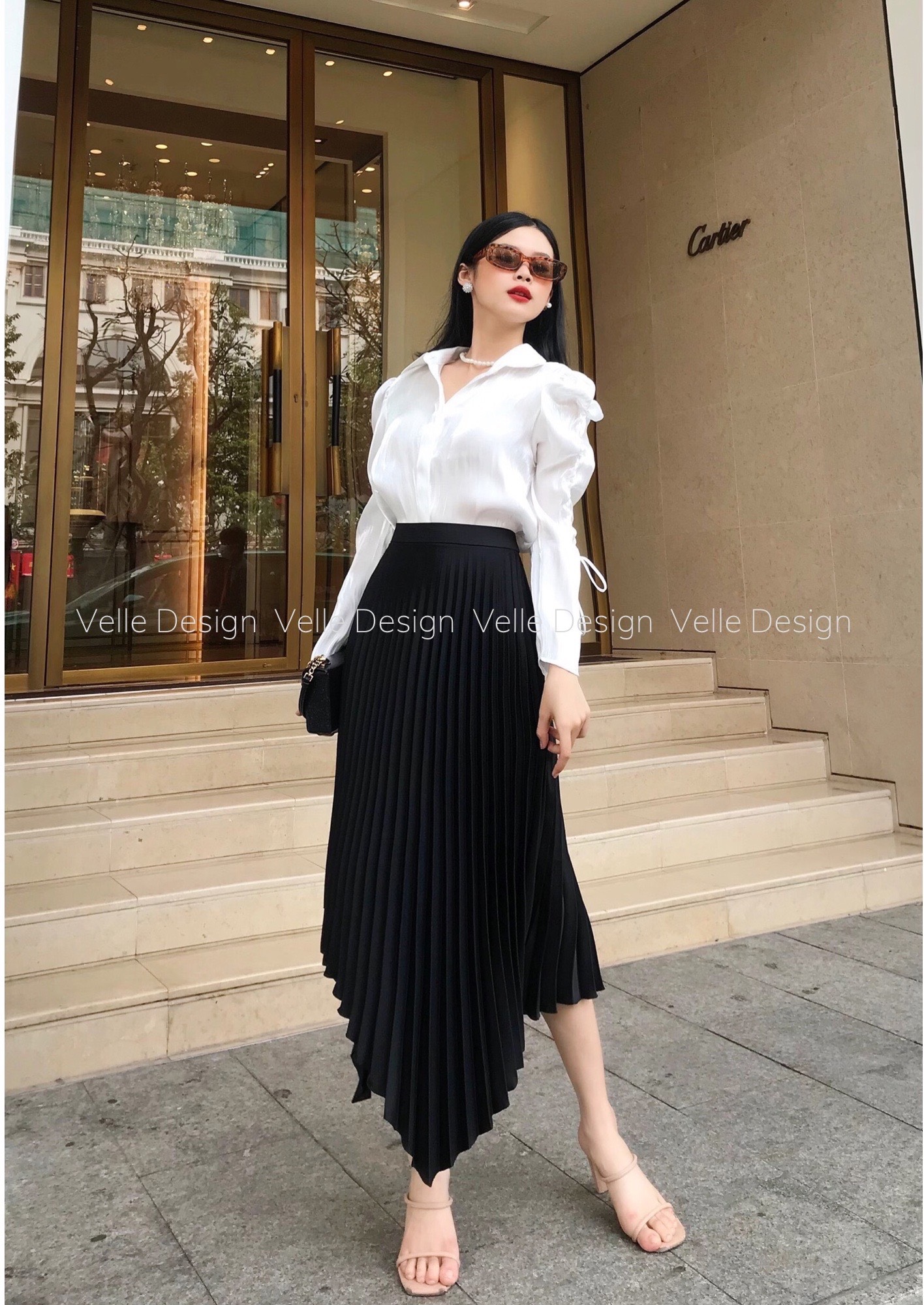 Velle design chân váy xếp ly tà xéo pansy chất lụa mango hàn quốc dập ly cao cấp.