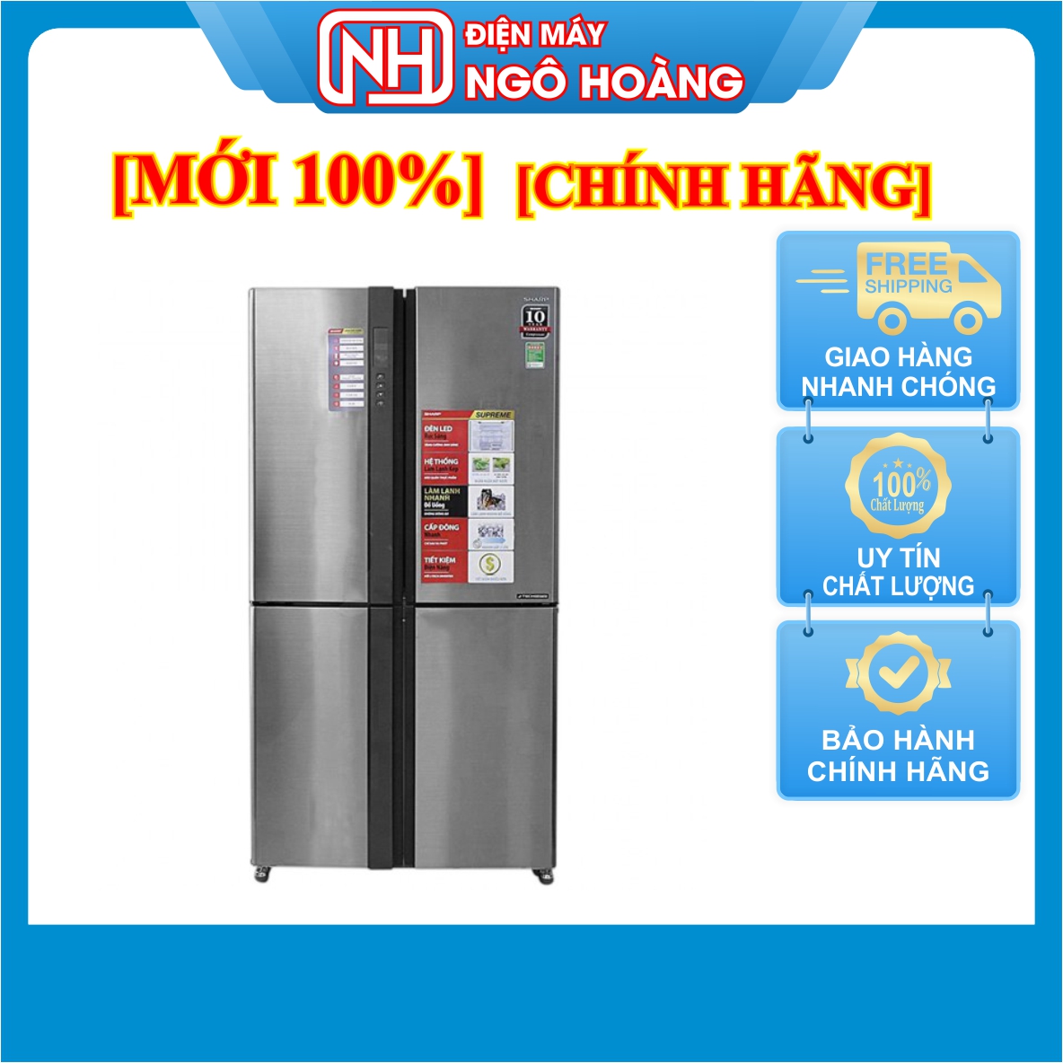 Tủ lạnh 4 cánh Sharp SJ-FX631V-SL 626 Lít, J-Tech Inverter ( (Miễn phí giao hàng nội thành Tp.HCM, Ngoại tỉnh có tính phí)