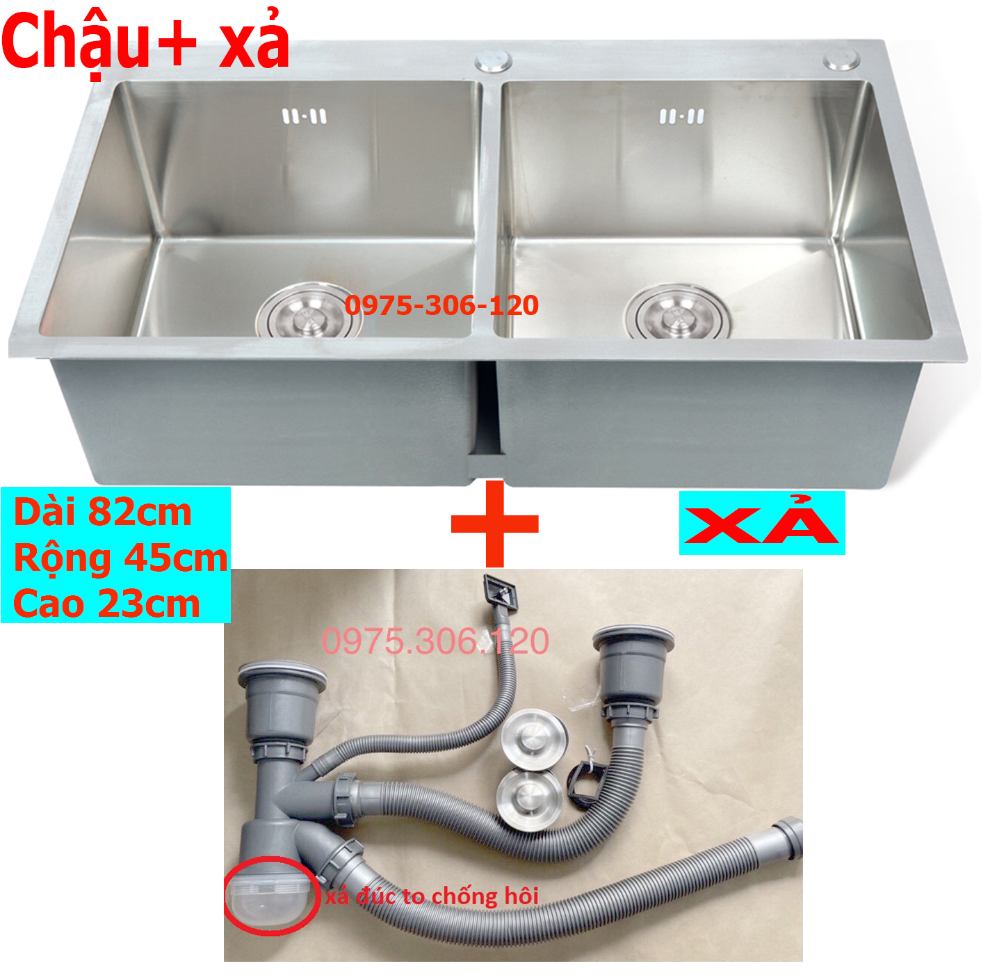 CHẬU ĐÚC THỦ CÔNG Chậu Rửa Chén Bát INOX SUS 304 N5 8245 NA.GRAND và Bộ Xả Chậu Thoát Nước XẢ TO 2 LỚP bồn rửa chén inox