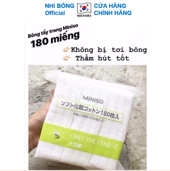Bông tẩy trang Miniso Nhật Bản gói 180 miếng làm từ chất liệu Cotton 100% mềm mại và mịn màng [ Hàng Authentic Nhật Bản]
