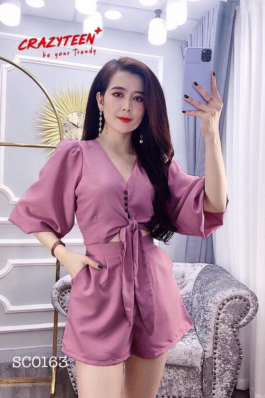 [HCM]Set bộ nữ áo cổ V tay phồng cột eo quần đùi