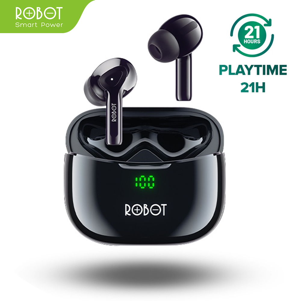 Tai nghe bluetooth Robot Airbuds T30 Plus hiển thị LED chống nước IPX4 thời gian nghe nhạc 21h thiết kế tai nghe không dây bass mạnh đàm thoại trong rõ tích hợp microphone tiện dụng thời gian nghe nhạc