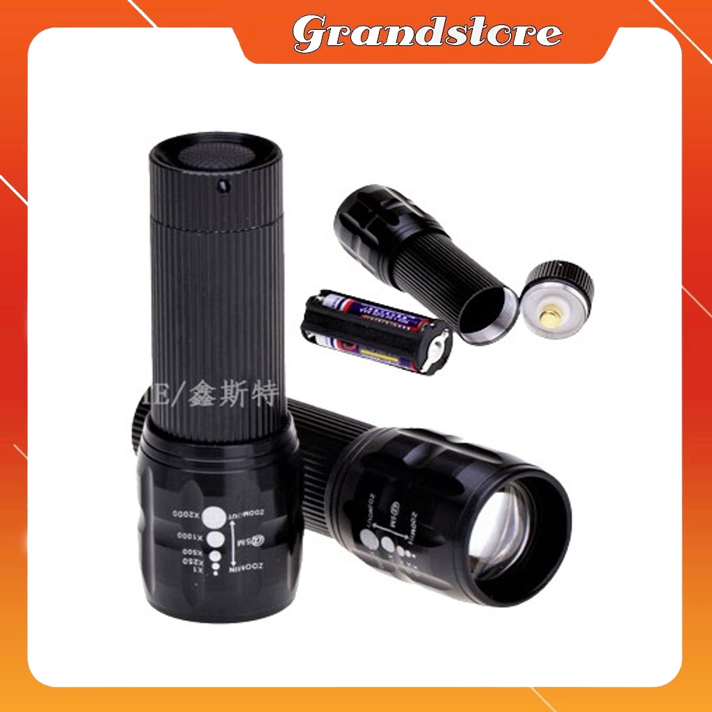 Đèn pin siêu sáng X2000 police quân đội mini USA cầm tay bỏ túi vỏ nhôm dùng pin có dây 3 chế độ chiếu sáng zoom xa gần