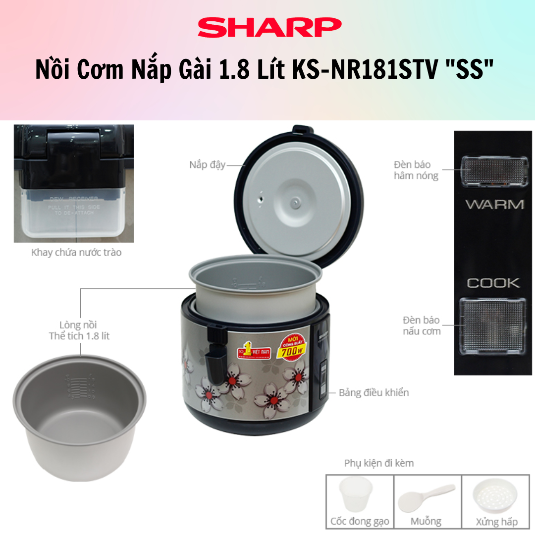 Nồi Cơm Điện Sharp KS-NR181STV SS - 1.8 Lít - Hàng chính hãng