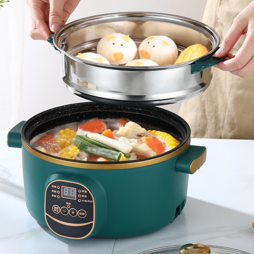Nồi lẩu điện đa năng chống dính vân đá electric cooker pot shanban 24cm kèm hấp inox cao cấp