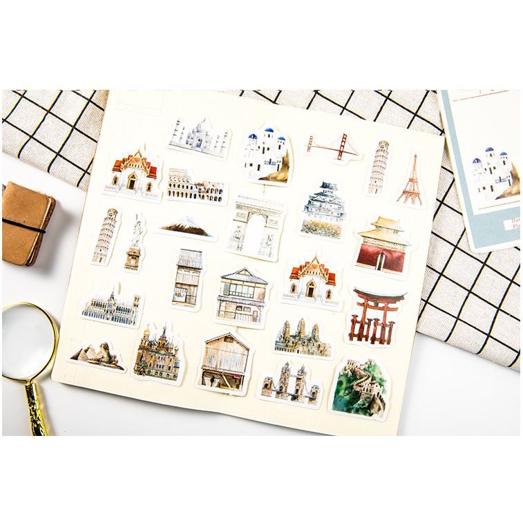 Bộ 46 sticker hàn quốc kỳ quan thế giới dán trang trí e04