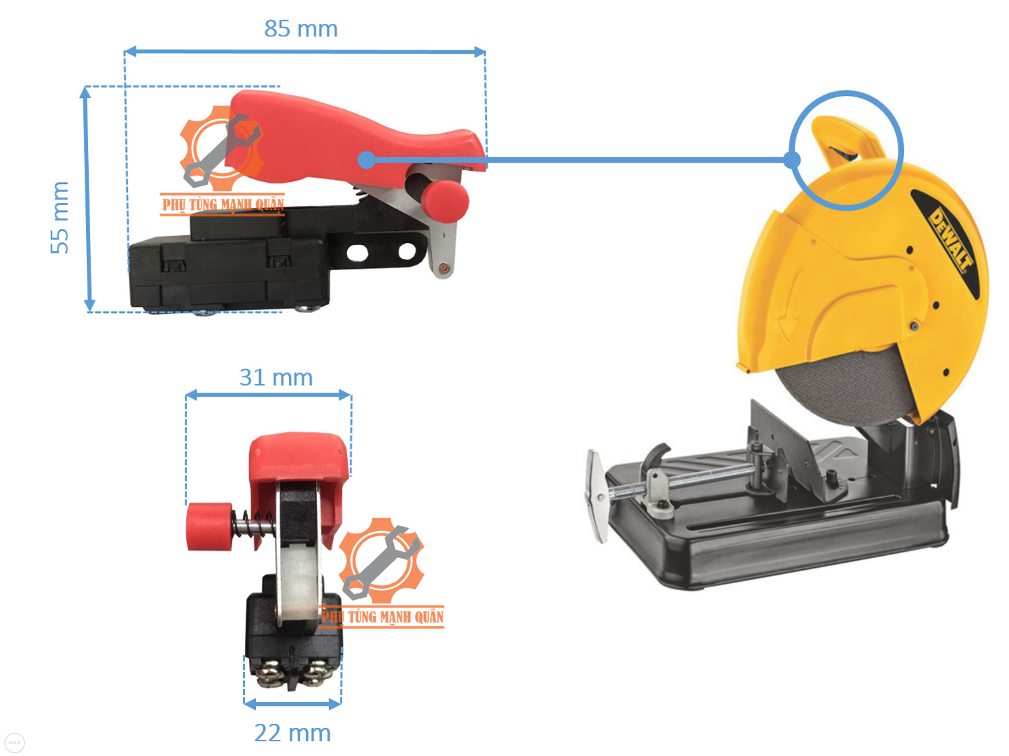 Công tắc máy cắt sắt DEWALTT 350 và Mudi 350