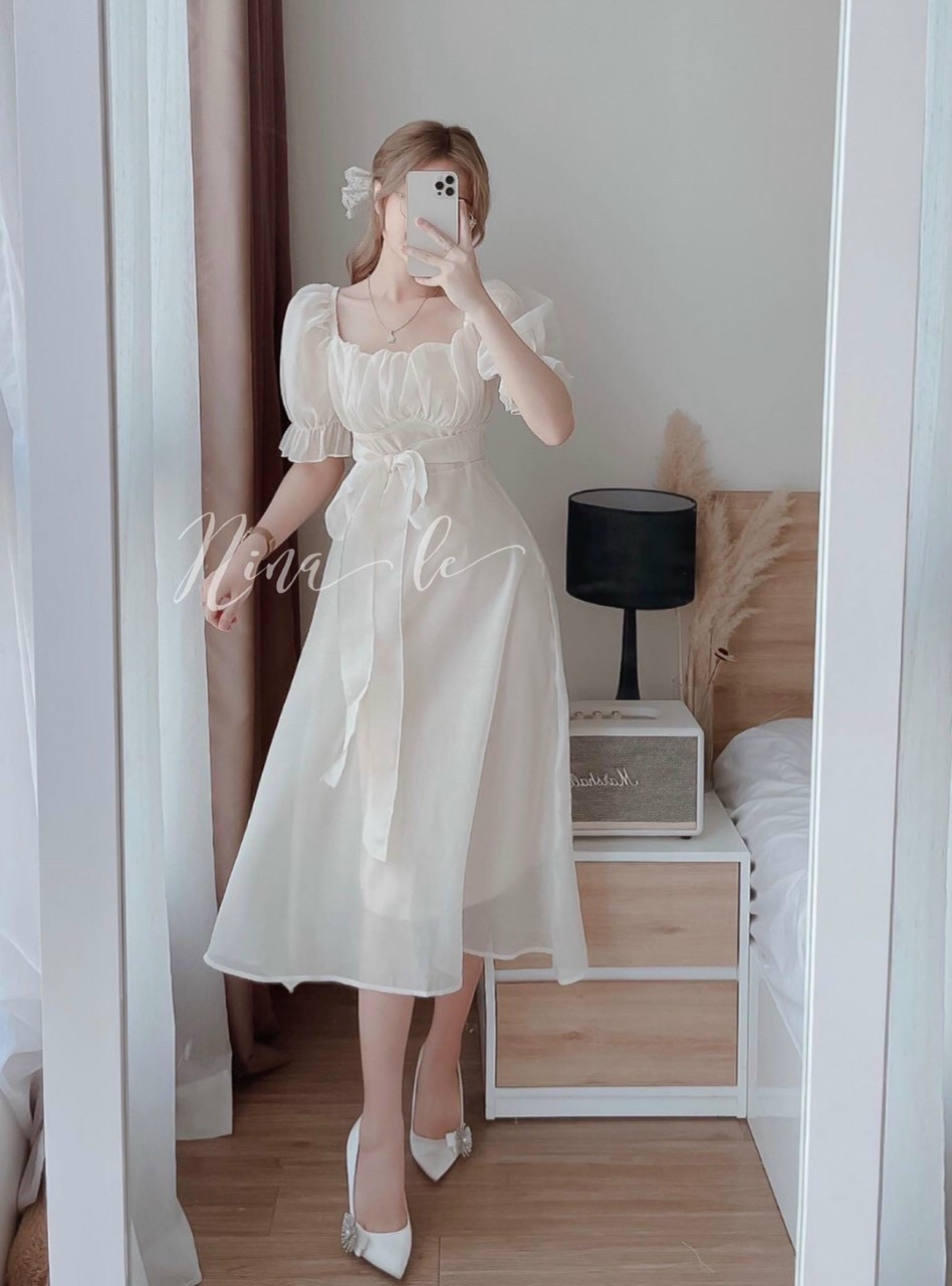 ĐẦM XÒE TRẮNG XẾP LY NGỰC CỘT NƠ EO DD040