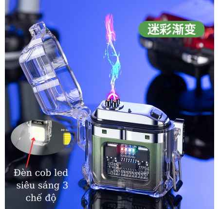 Hột quẹt điện chống nước vỏ trong suốt, công nghệ 4 tia plasma chống gió sạc pin gi gi store