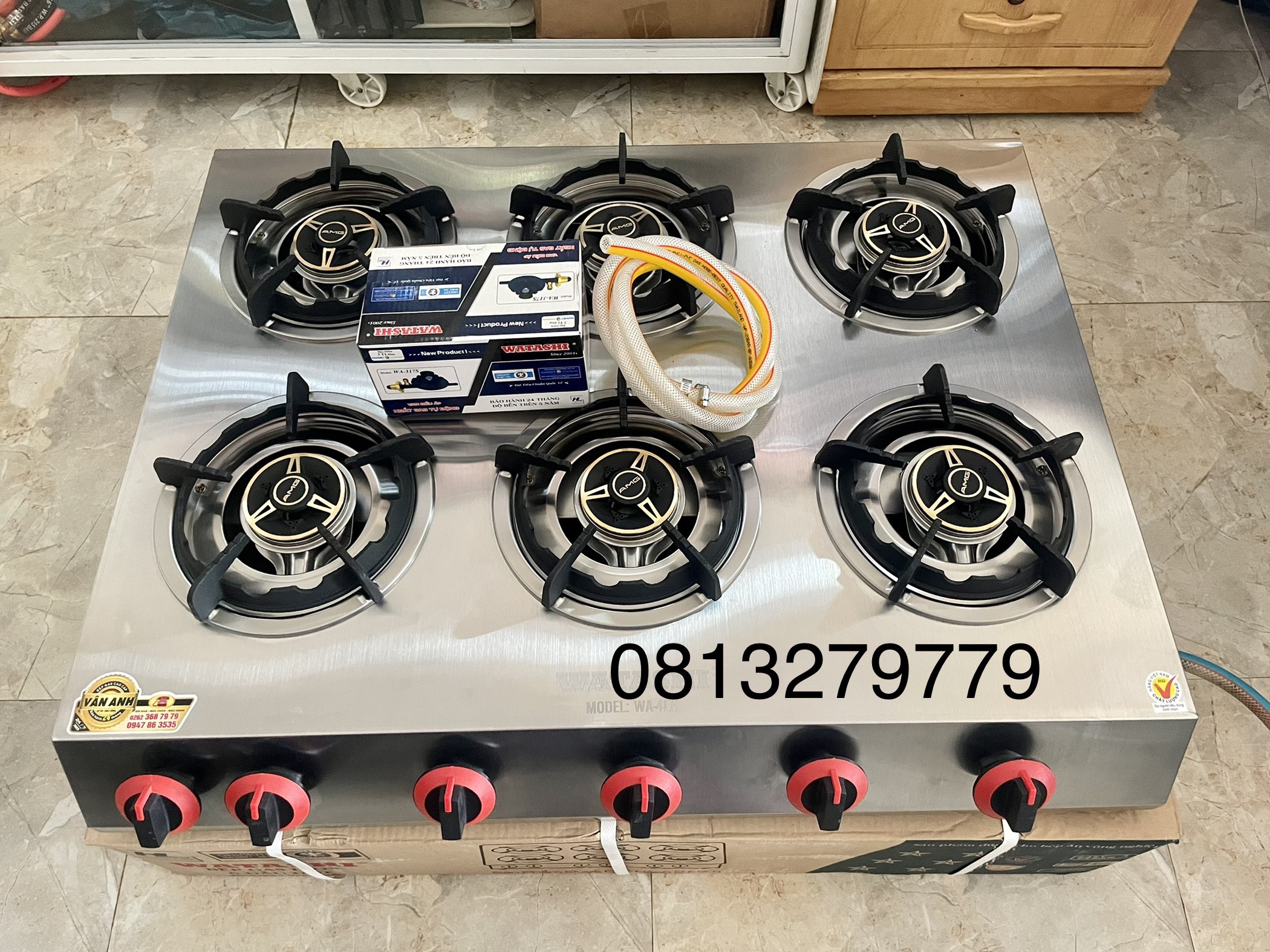 BẾP GAS 6 HỌNG CAO CẤP ( ĐẦU ĐỐT ĐỒNG ) WHATASHI