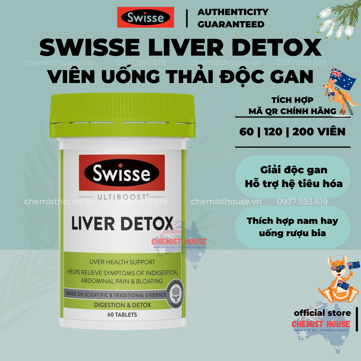 Swisse Ultiboost Liver Detox - Viên uống hỗ trợ thải độc gan mát gan 60 viên