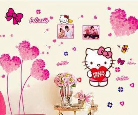 Decal dán tường trái tim hồng và kitty