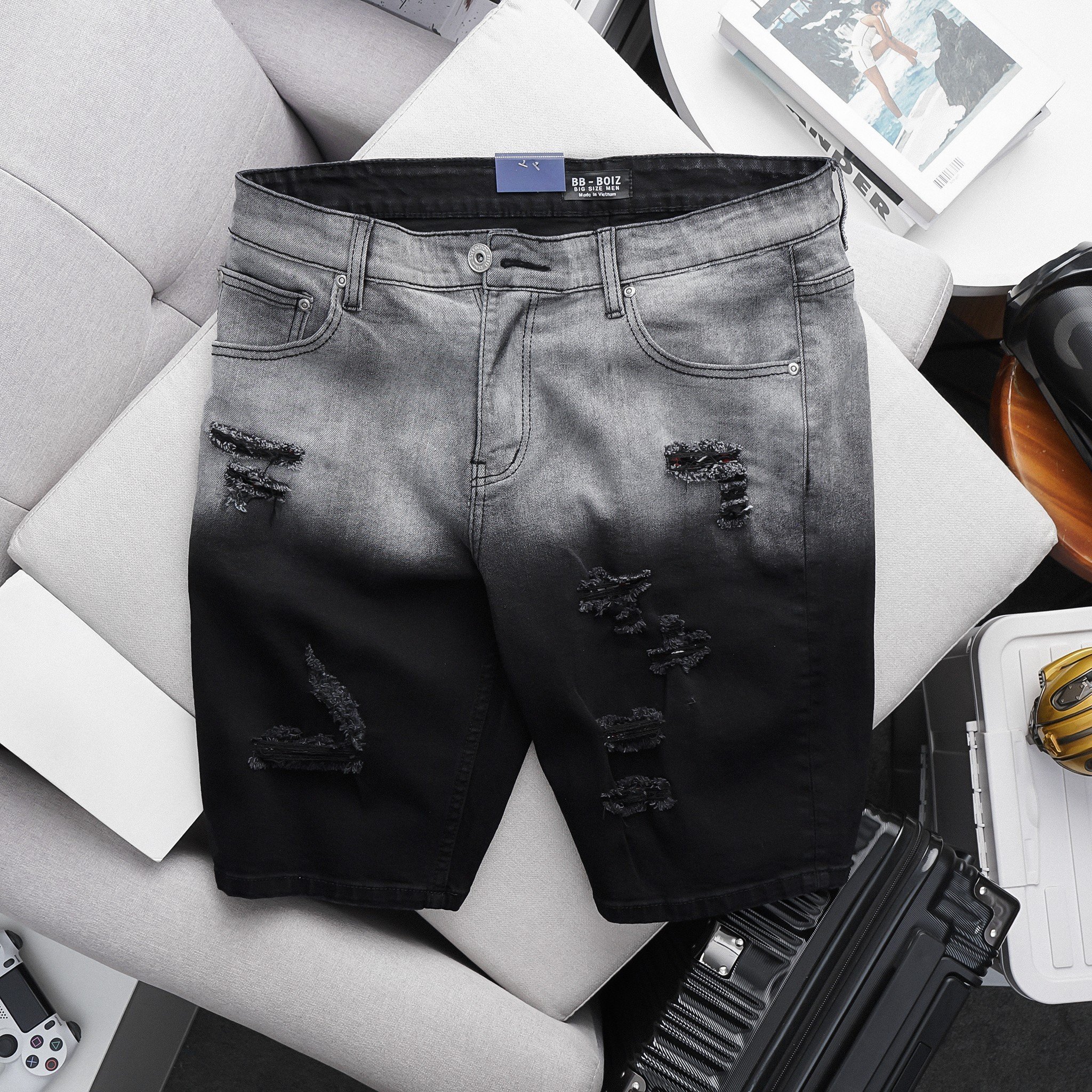 Bigsize - quần short jean nam bigsize wash âm dương jean 80 - 130kg - mã