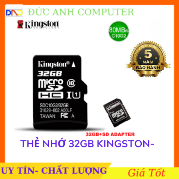 Thẻ nhớ Kingston 32GB tốc độ cao UHS1 Micro SDHC + Adapter - bảo hành 5 năm, có thiết kế nhỏ gọn