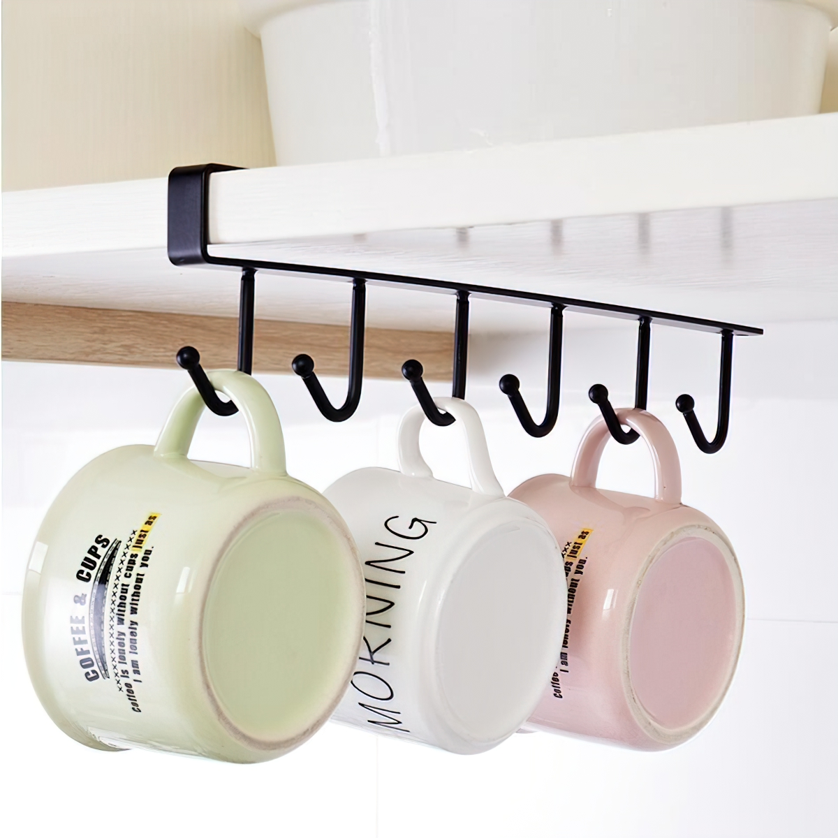 Kitchen Hanger with 6 Hooks Attached to Kitchen Cabinets and Shelves