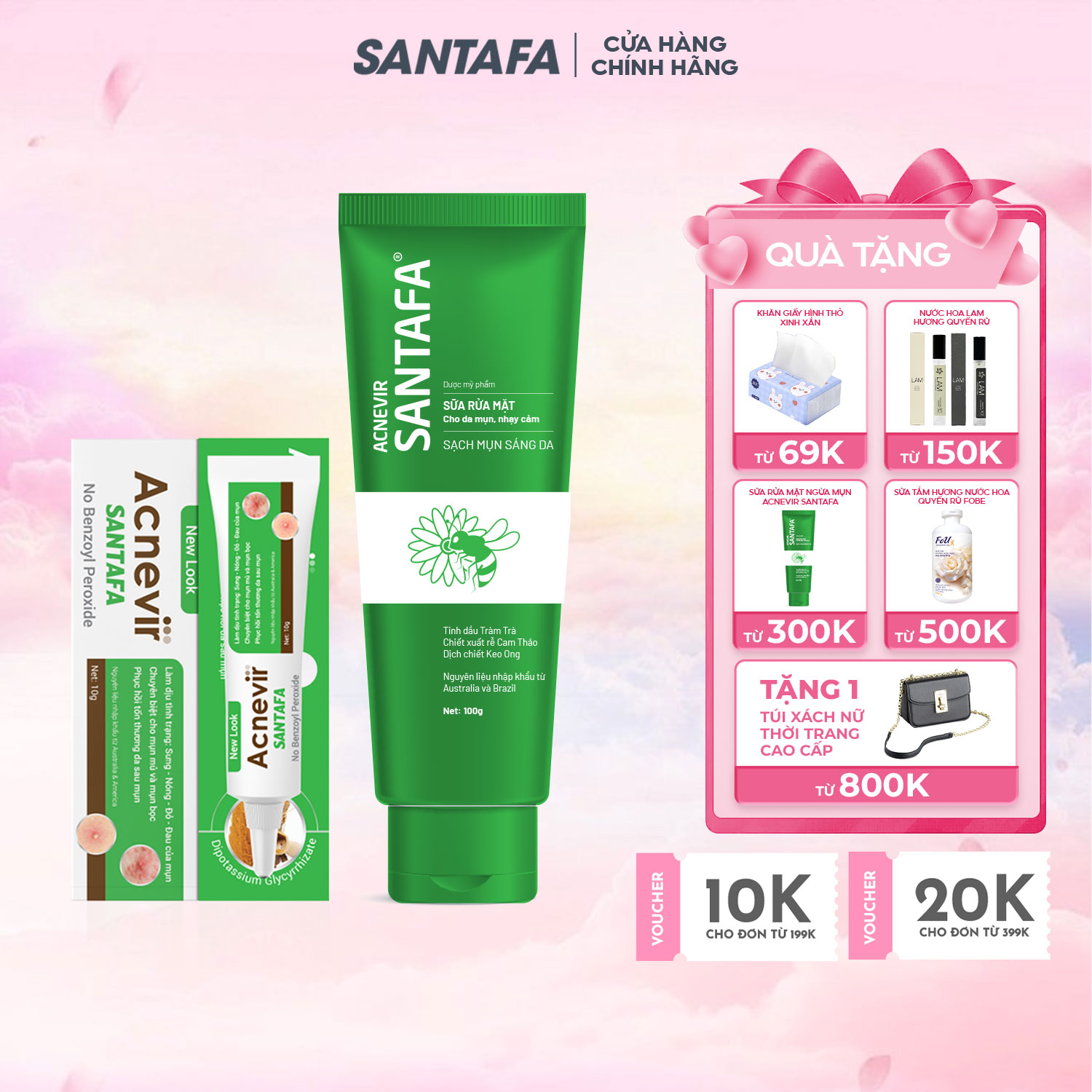 Combo Giảm Mụn Bọc, Mụn Mủ, Mụn Trứng Cá Acnevir Santafa (Sữa Rửa Mặt 100gr Và Tuýp Kem Ngừa Mụn 10gr)