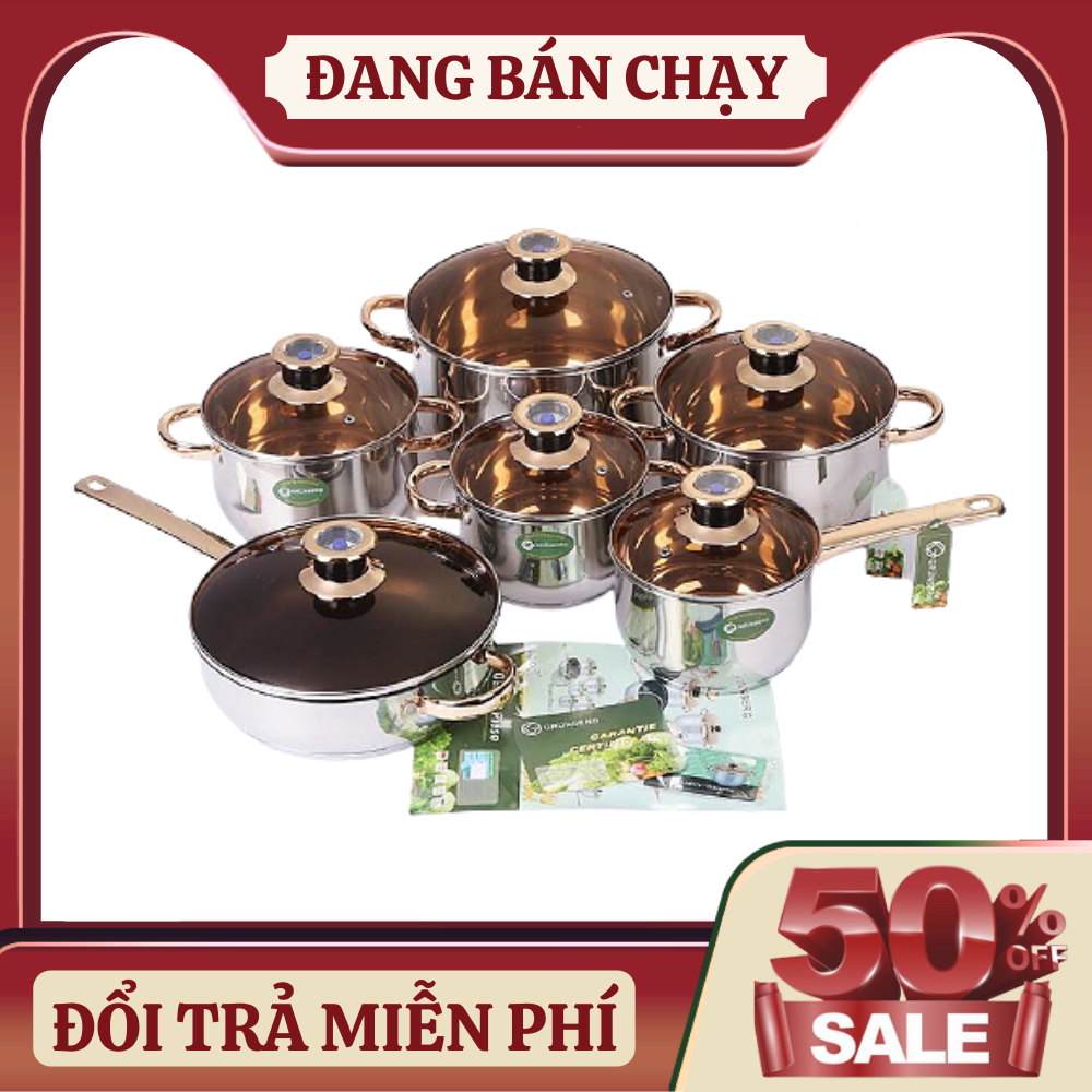 Bộ nồi thương hiệu Đức ENGELBERG 6 món 12 chi tiết - Vung kính - Đáy 5 lớp
