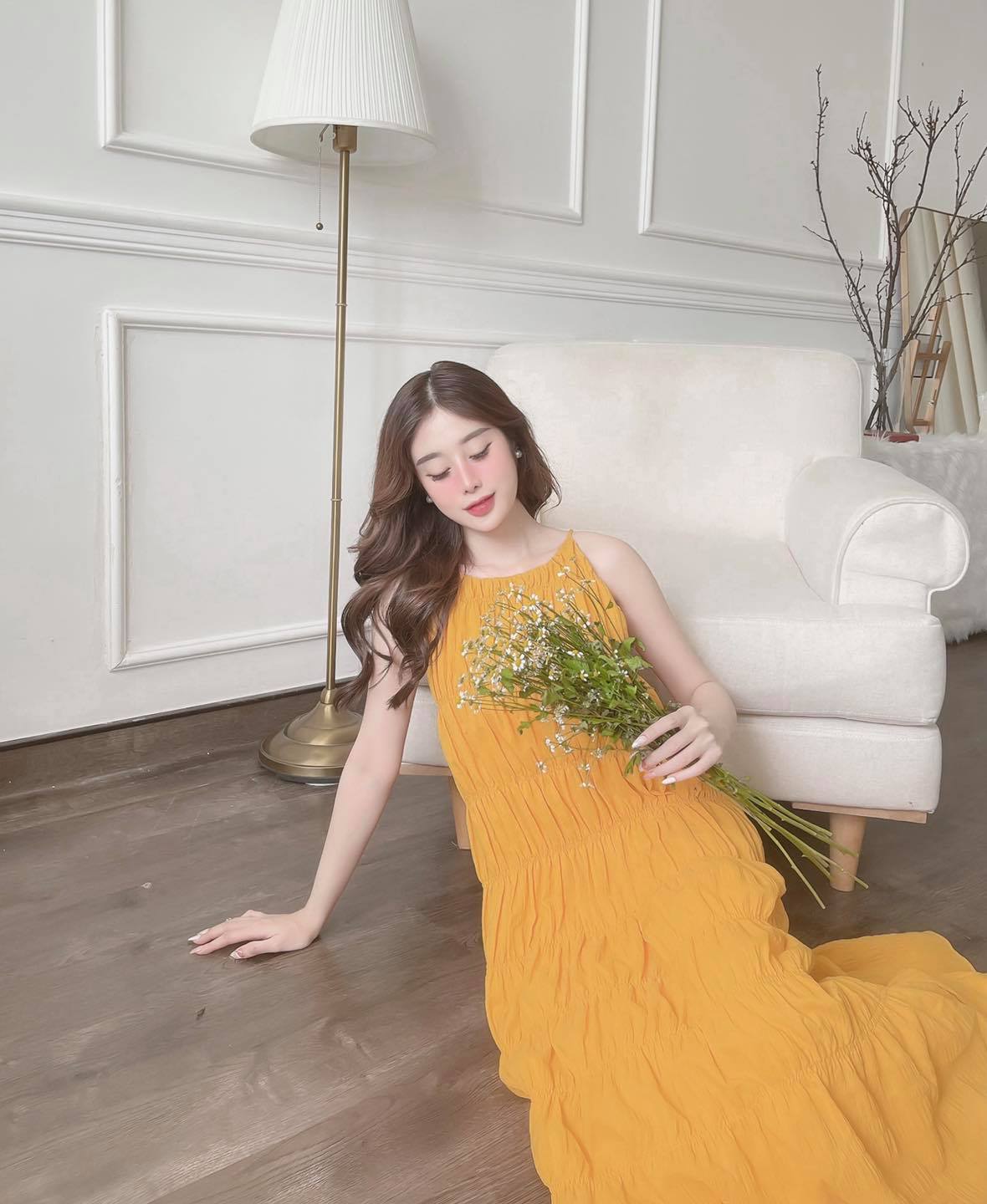 [Ảnh thật] Đầm maxi 2 dây cổ yếm nhún tầng