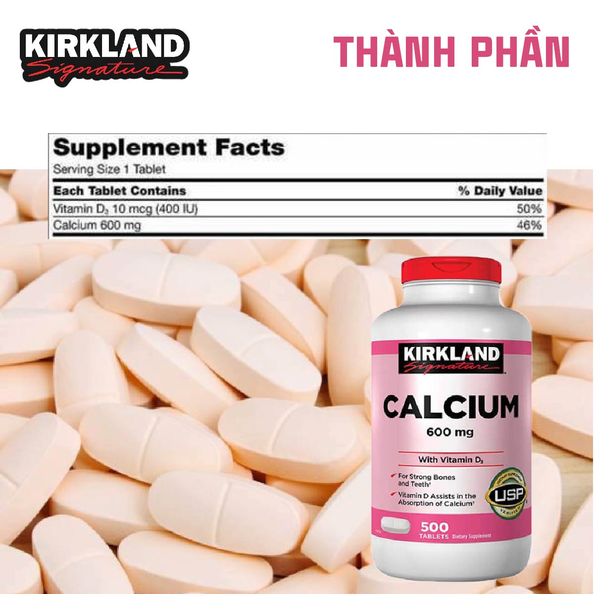 Viên Uống Hỗ Trợ Bổ Sung Calcium + D3 Của Kirkland 500 viên giúp chắc khỏe xương của Mỹ