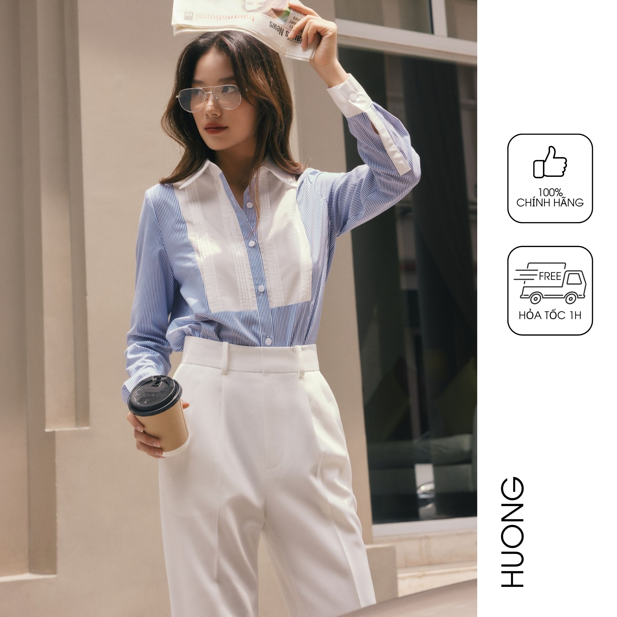 Áo sơ mi cotton kẻ xanh pha trắng huong boutique bssm26