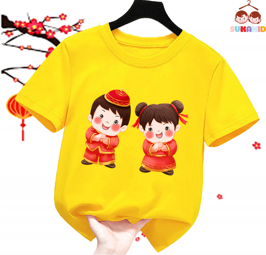 Áo thun tết cho bé hình 2 bé chúc tết ( Bé trai và gái) áo cho bé từ 6kg-30kg.AT01.