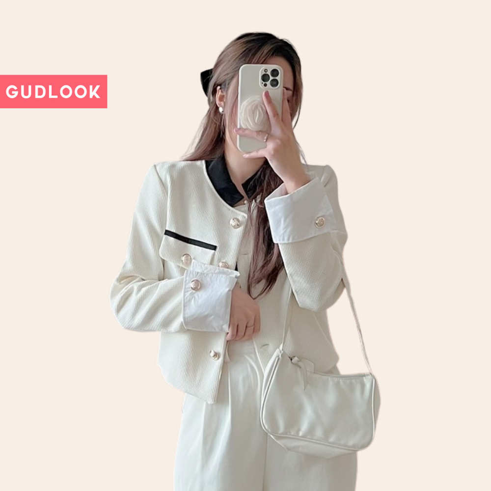 Áo Dạ GUDLOOK phối tay sơ mi dáng lửng trắng đen