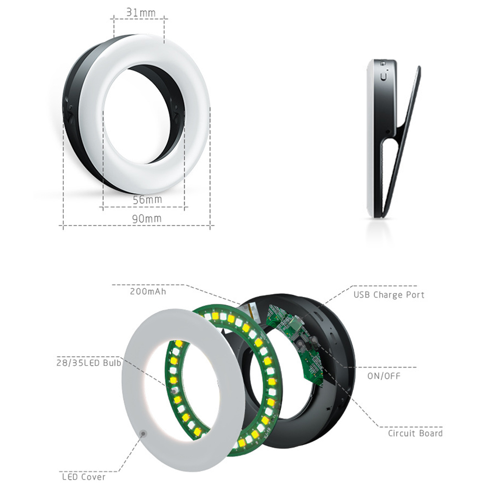 KIPRUN Selfie Ring Light [3 Light Modes] [Rechargeable], Clip on Phone Camera LED Light, Adjustable Brightness Selfie Circle Light for iPhone X Xr Xs Max 7 8 Plus 11 Pro Android iPad Laptop
