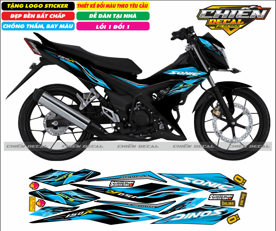 Tem rời xe sonic 150 màu đen mẫu tem lửa nhiều kiểu lựa chọn