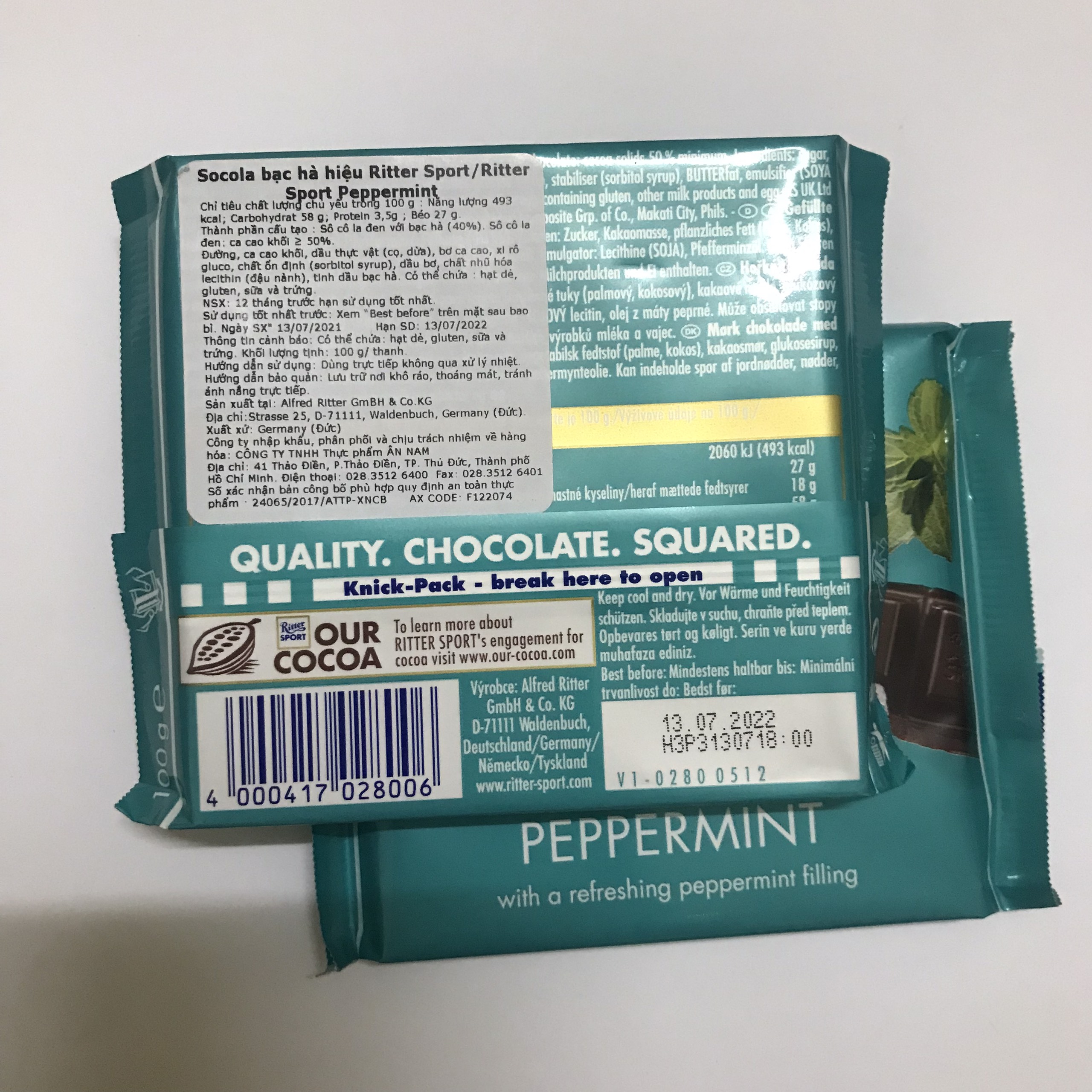 Socola Ritter Sport Nhân Bạc Hà Thanh 100g