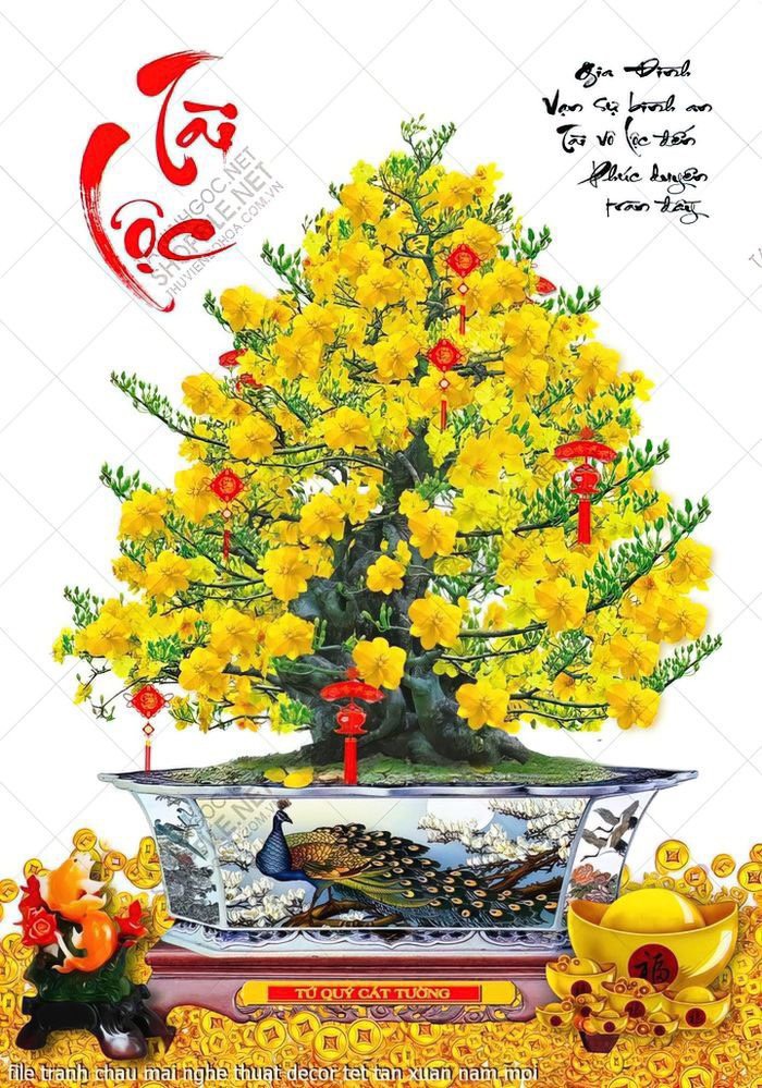 Tranh dán tường 3d - decal dán trang trí tường khổ dọc, mẫu mai tài lộc -tranh trang trí tường, cửa sổ, cửa kính, vách ngăn, ...