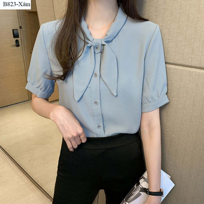 Áo sơ mi nữ kiểu phối nơ -B823