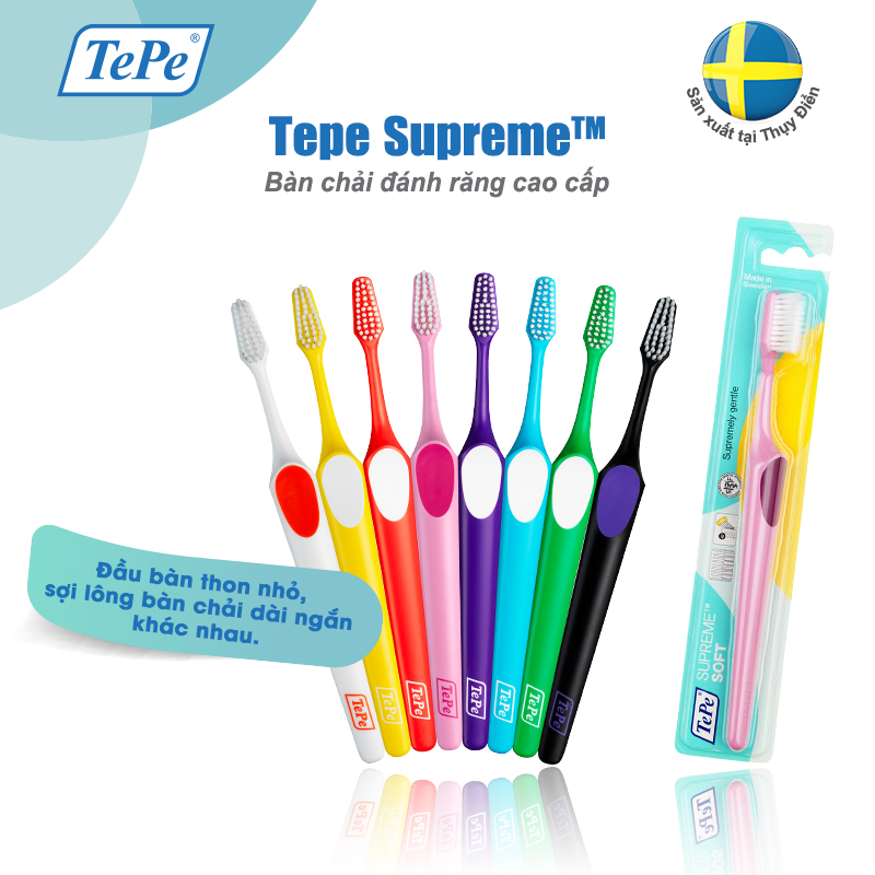 Bàn Chải Đánh Răng Mềm Tepe Supreme (1 Cây) - Lông Dài Ngắn Xen Kẽ, Làm Sạch Kẽ Răng, Bảo Vệ Nướu - Nhập Khẩu Thuỵ Điển