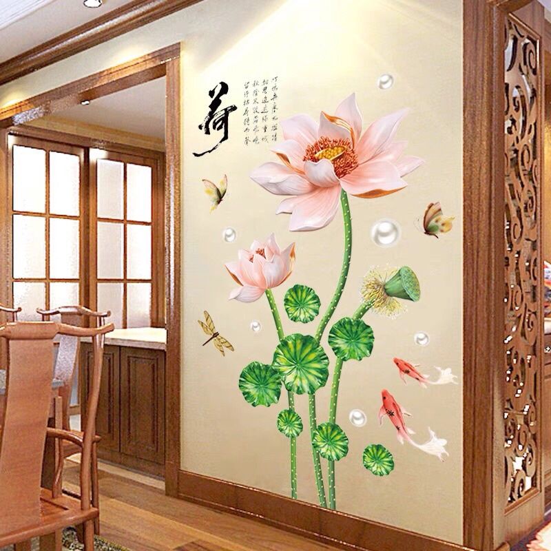 Decal dán tường công đuôi xanh và hoa sen( combo 2 tranh)